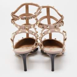 Pre Owned Valentino Black/Beige Patent and Leather Rockstud Caged Sandals Size 39