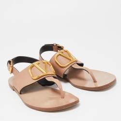 Pre Owned Valentino Light Pink Leather Escape V logo Flat Sandals Size 37.5