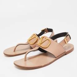Pre Owned Valentino Light Pink Leather Escape V logo Flat Sandals Size 37.5