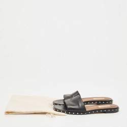 Pre Owned Valentino Black Leather Soul Rockstud Flat Slides Size 37.5