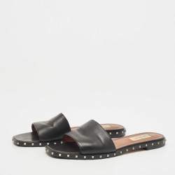 Pre Owned Valentino Black Leather Soul Rockstud Flat Slides Size 37.5
