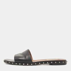 Pre Owned Valentino Black Leather Soul Rockstud Flat Slides Size 37.5