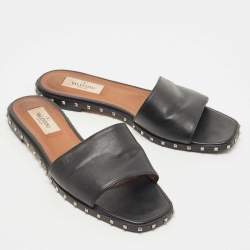 Pre Owned Valentino Black Leather Soul Rockstud Flat Slides Size 37.5