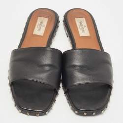 Pre Owned Valentino Black Leather Soul Rockstud Flat Slides Size 37.5