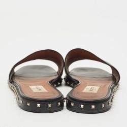 Pre Owned Valentino Black Leather Soul Rockstud Flat Slides Size 37.5
