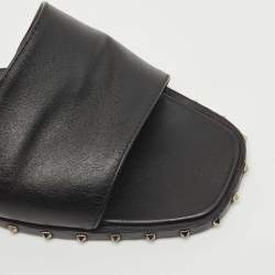 Pre Owned Valentino Black Leather Soul Rockstud Flat Slides Size 37.5