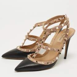Pre Owned Valentino Black/Beige Leather Rockstud Pumps Size 39