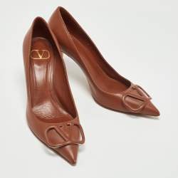 Pre Owned Valentino Brown Leather V LOGO Pumps Size 37