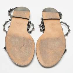 Pre Owned Valentino Metallic Leather Rockstud Ankle Strap Flat Sandals Size 37.5