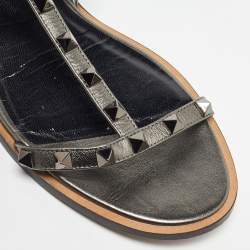 Pre Owned Valentino Metallic Leather Rockstud Ankle Strap Flat Sandals Size 37.5