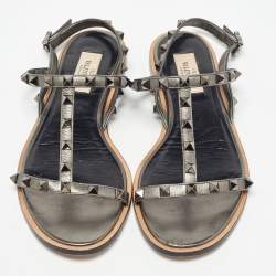 Pre Owned Valentino Metallic Leather Rockstud Ankle Strap Flat Sandals Size 37.5