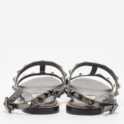 Pre Owned Valentino Metallic Leather Rockstud Ankle Strap Flat Sandals Size 37.5