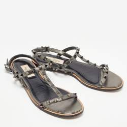 Pre Owned Valentino Metallic Leather Rockstud Ankle Strap Flat Sandals Size 37.5