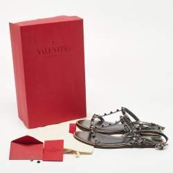 Pre Owned Valentino Metallic Leather Rockstud Ankle Strap Flat Sandals Size 37.5