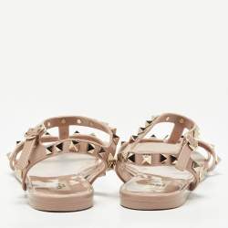 Pre Owned Valentino Beige Rubber Rockstud Ankle Strap Flats Size 40