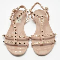 Pre Owned Valentino Beige Rubber Rockstud Ankle Strap Flats Size 40