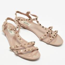 Pre Owned Valentino Beige Rubber Rockstud Ankle Strap Flats Size 40