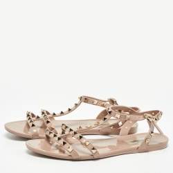 Pre Owned Valentino Beige Rubber Rockstud Ankle Strap Flats Size 40