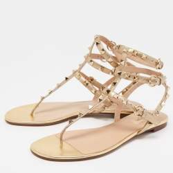 Pre Owned Valentino Metallic Gold Leather Rockstud Thong Flats Size 38.5