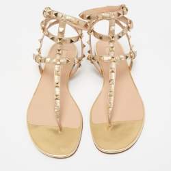 Pre Owned Valentino Metallic Gold Leather Rockstud Thong Flats Size 38.5