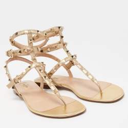 Pre Owned Valentino Metallic Gold Leather Rockstud Thong Flats Size 38.5
