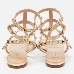 Pre Owned Valentino Metallic Gold Leather Rockstud Thong Flats Size 38.5