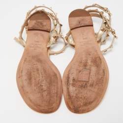 Pre Owned Valentino Metallic Gold Leather Rockstud Thong Flats Size 38.5