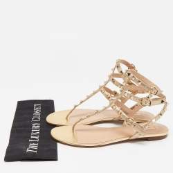 Pre Owned Valentino Metallic Gold Leather Rockstud Thong Flats Size 38.5