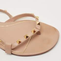 Pre Owned Valentino Beige Leather Rockstud Ankle Strap Flats Size 38