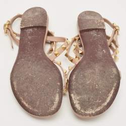 Pre Owned Valentino Beige Leather Rockstud Ankle Strap Flats Size 38