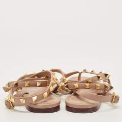 Pre Owned Valentino Beige Leather Rockstud Ankle Strap Flats Size 38