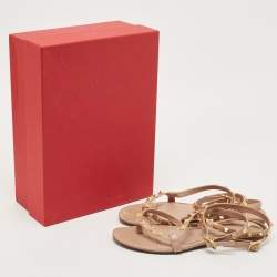 Pre Owned Valentino Beige Leather Rockstud Ankle Strap Flats Size 38