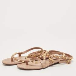 Pre Owned Valentino Beige Leather Rockstud Ankle Strap Flats Size 38