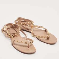 Pre Owned Valentino Beige Leather Rockstud Ankle Strap Flats Size 38