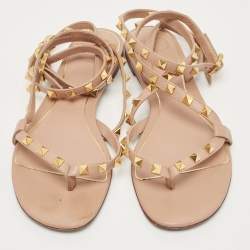 Pre Owned Valentino Beige Leather Rockstud Ankle Strap Flats Size 38