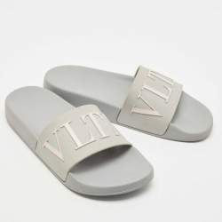 Pre Owned Valentino Grey/Pink Rubber VLTN Flat Slides Size 40