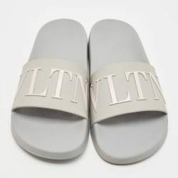 Pre Owned Valentino Grey/Pink Rubber VLTN Flat Slides Size 40