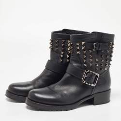 Pre Owned Valentino Black Leather Rockstud Ankle Boots Size 37