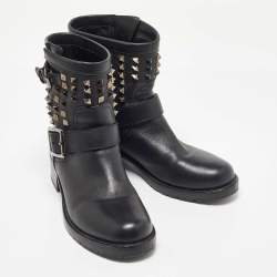 Pre Owned Valentino Black Leather Rockstud Ankle Boots Size 37
