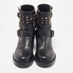 Pre Owned Valentino Black Leather Rockstud Ankle Boots Size 37