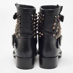 Pre Owned Valentino Black Leather Rockstud Ankle Boots Size 37