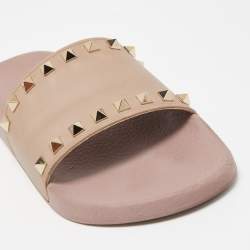 Pre Owned Valentino Pink Rubber Rockstud Flat Slides Size 40