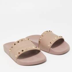 Pre Owned Valentino Pink Rubber Rockstud Flat Slides Size 40