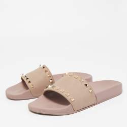 Pre Owned Valentino Pink Rubber Rockstud Flat Slides Size 40