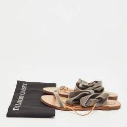 Pre Owned Valentino Grey Velvet Ankle Wrap Flat Sandals Size 39.5 