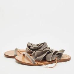 Pre Owned Valentino Grey Velvet Ankle Wrap Flat Sandals Size 39.5 