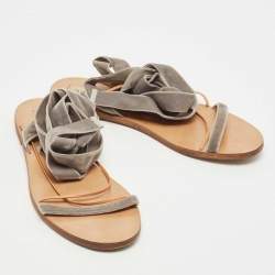 Pre Owned Valentino Grey Velvet Ankle Wrap Flat Sandals Size 39.5 
