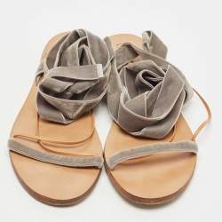Pre Owned Valentino Grey Velvet Ankle Wrap Flat Sandals Size 39.5 