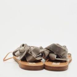 Pre Owned Valentino Grey Velvet Ankle Wrap Flat Sandals Size 39.5 
