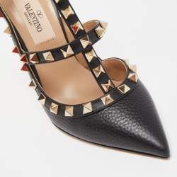 Pre Owned Valentino Black Grained Leather Rockstud Ankle Strap Pumps Size 34